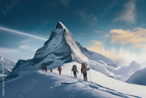 Ski mountaineer walking up along a steep snowy ridge with the skis in the backpack. Climber in a orange jacket climbs a mountain against a blue sky. Adventure concept. Panoramic view © May