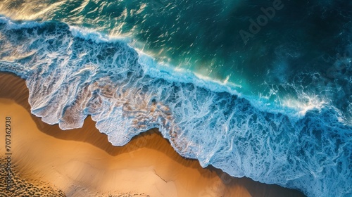  a bird's eye view of a beach with a wave coming in to the shore and a sandy beach with footprints in the sand and a wave coming in the water.