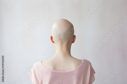 Back view of bald woman with medical condition causing hair loss like Alopecia Areata or chemotherapy photo