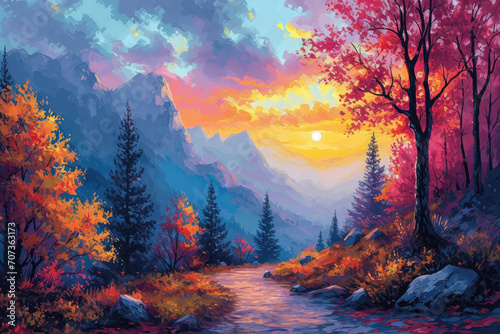 Ilustración de paisaje fantástico. Tierras de ensueño con colores inusuales. Estilo de pintura al óleo realista con textura de pincel  photo