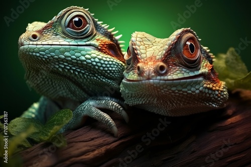 close up of iguana. lizard on a tree. The chameleon is a fascinating reptile known for its ability to change color and blend into its surroundings. chameleon on a branch. green iguana on a background.