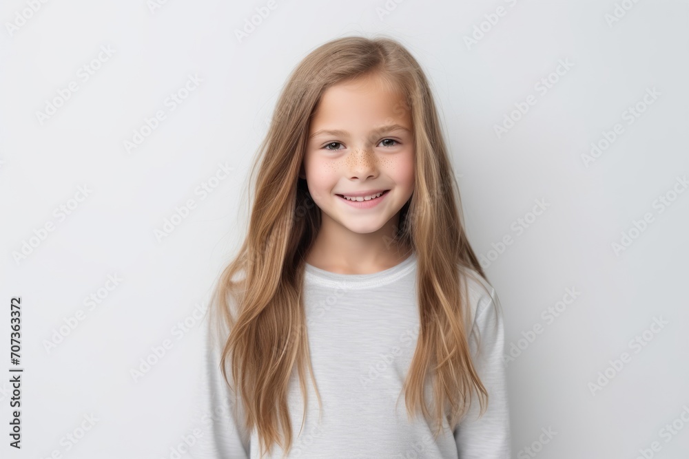 Portrait of a smiling little girl with long hair on a white background