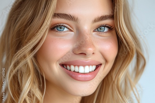 A Closeup Portrait of a Handsome European Woman with a Perfect Smile, Ideal for a Dental Advertisement, Exuding Confidence and Flawless Dental Wellness, Generative AI