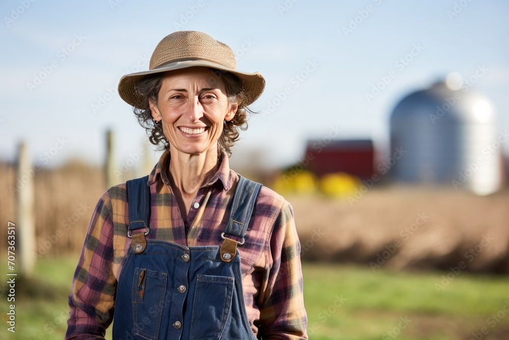Portrait of a Mature Woman Farmer in Front of a Farm Background