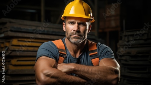 A robust worker in a helmet and specialized attire stands with arms crossed, projecting confidence.
