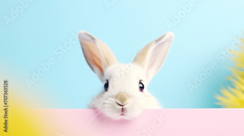 Easter Bunny Rabbit Looking Over Signboard on Pink and Blue Background Banner