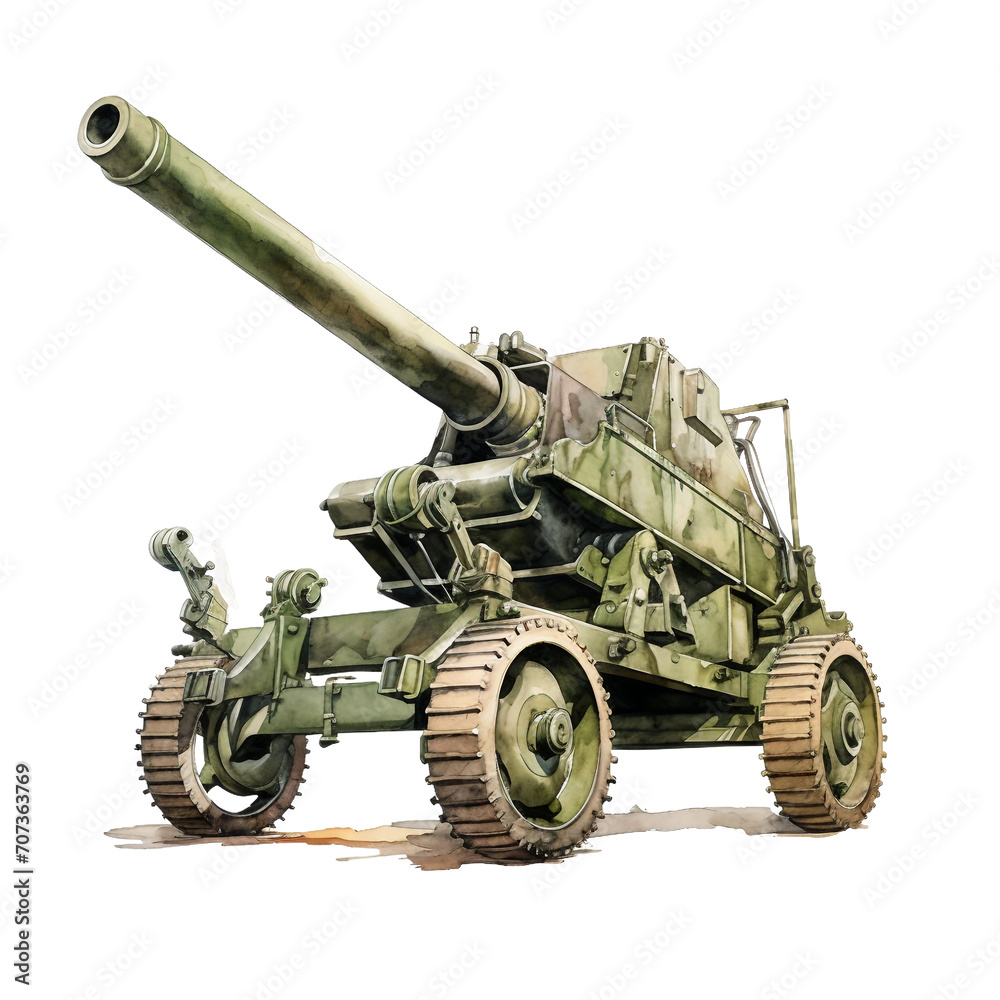 Watercolor military artillery complex isolated on a white background Watercolor military artillery complex isolated on a white background