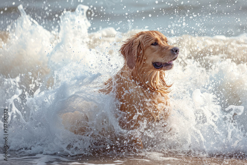 Dog runs and plays along a beach. Dog splashes in the waves. Generative AI