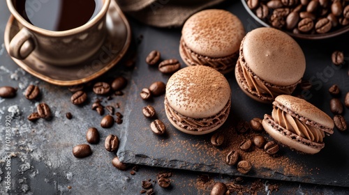Dark and brown macarons, coffee powder on them, coffee smooth cream, on a dark marble table, coffee beans and a cup of coffee beside photo