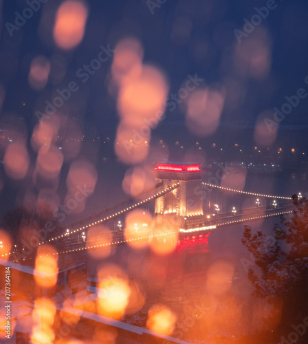 Famous Chain Bridge in snowfall, Budapest, Hungary