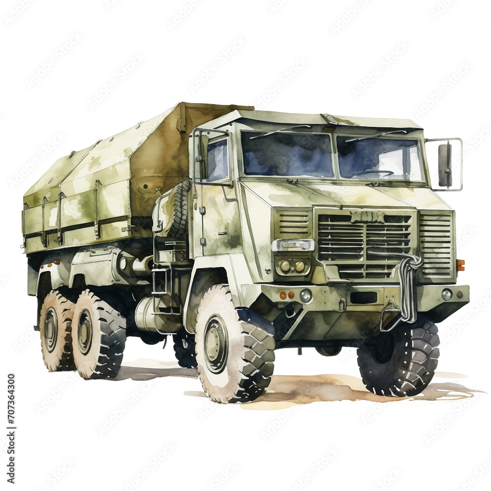 Watercolor military truck isolated on a white background Watercolor military truck isolated on a white background