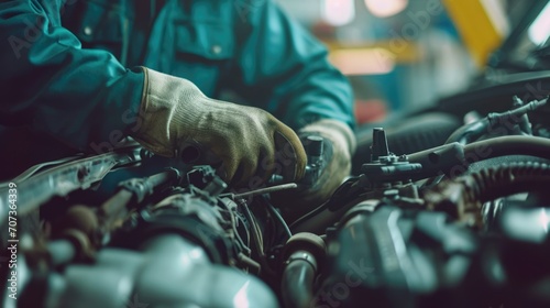 Diligently focusing on the car engine, the expert auto repair master showcases precision and dedication in the forefront of the auto service setting.