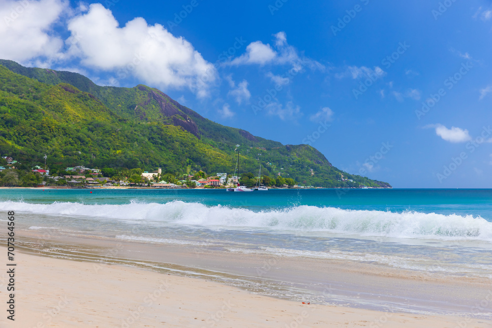 Beau Vallon beach on a sunny summer day. Mahe island, Seychelles