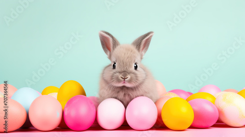 Fluffy white rabbit with easter eggs before blue background © britaseifert