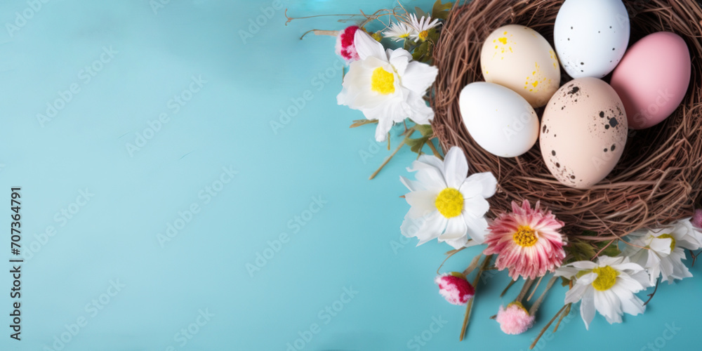 Nest with colorful Easter eggs and flowers on the table on blue background, copy space