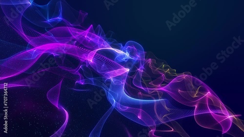 Glowing particles form surface with waves. smooth looped animation. Trendy bg for presentations. Motion graphics, motion design with glowing particles for various events. Purple color