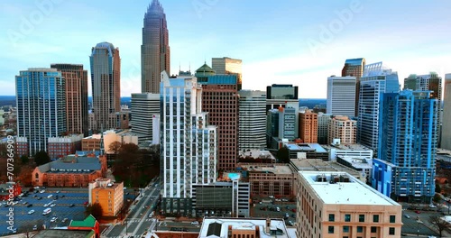 Gorgeous view of the stunning group of skyscrapers in the downtown of American city. Scenery of Charlotte, North Carolina, USA from aerial perspective. photo