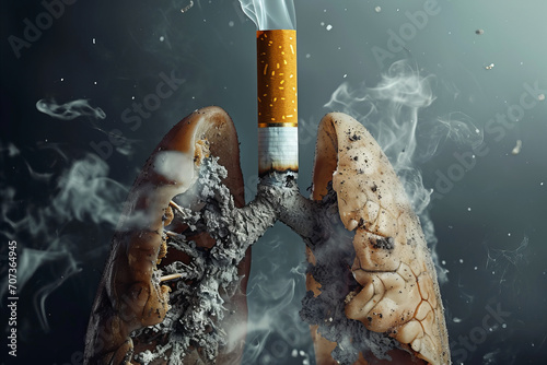 Dangerous cigarette smoke causing damage to lungs. Lung disease from smoking tobacco photo