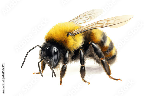 Watercolored bumblebee, sitting, clearly defined shapes, eye-catching color scheme, solid white background