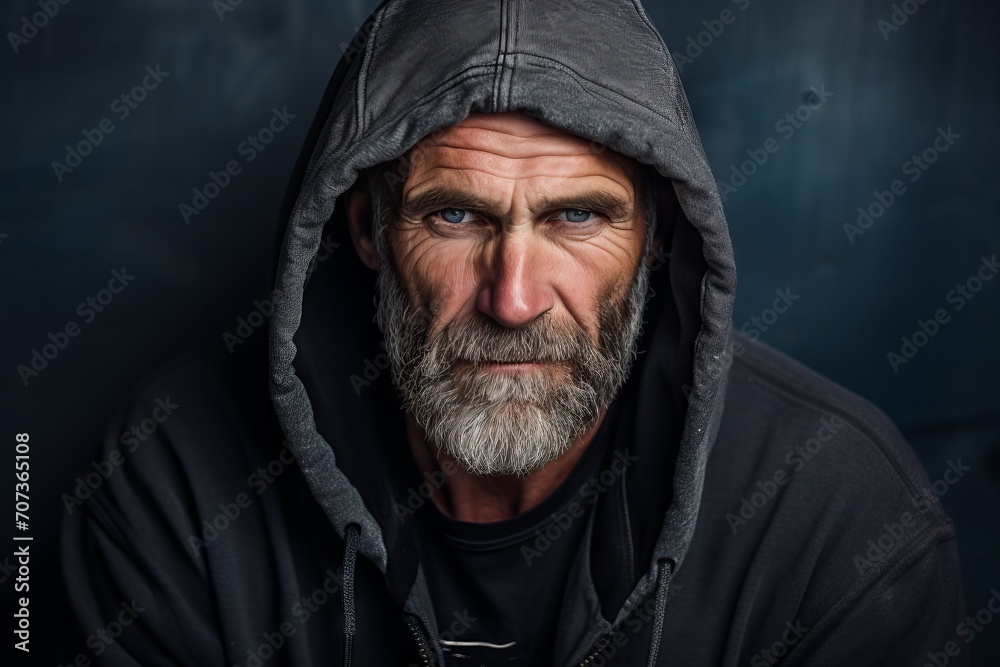 Portrait of an elderly man with a long gray beard and mustache in a black hooded sweatshirt on a dark background Portrait of an elderly man with a long gray beard and mustache in a black hooded sweatshirt on a dark background