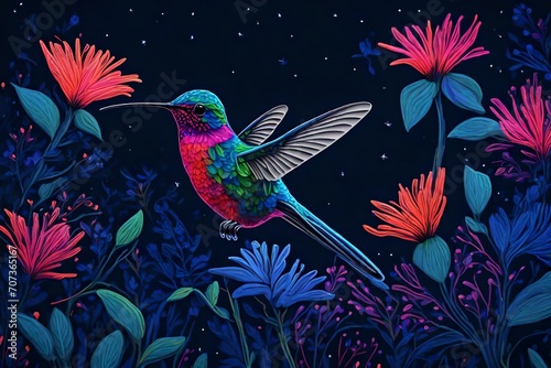 A tiny, radiant hummingbird hovering amid neon flowers, its iridescent feathers reflecting neon light against a deep indigo night sky.