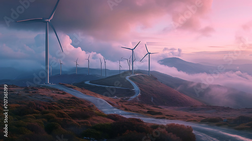 Uma imagem panorâmica de um parque eólico com fileiras de turbinas eólicas gerando energia limpa ilustrando o compromisso com energia renovável no setor industrial photo