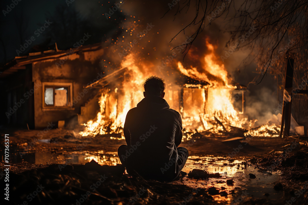 Rear view of a man looking at a burning house. Burning fire flames. Generated by artificial intelligence
