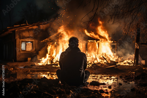 Rear view of a man looking at a burning house. Burning fire flames. Generated by artificial intelligence