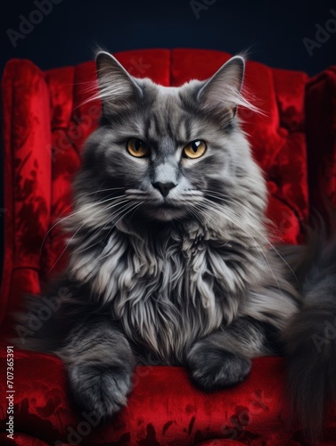  a long haired gray cat sitting on a red chair with its paws on the arm of the chair, looking at the camera with a serious look on its face.