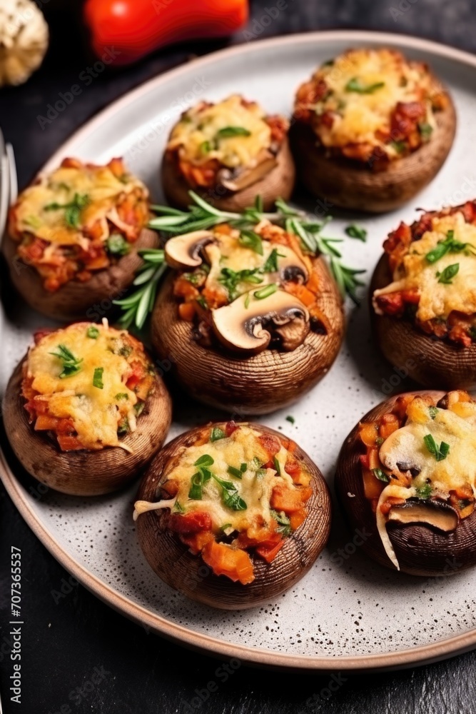 A plate of stuffed mushrooms on a table A plate of stuffed mushrooms on a table