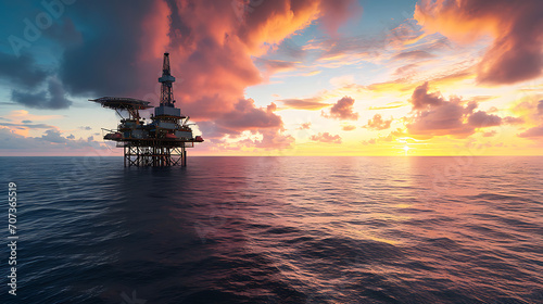Uma vista panorâmica de uma plataforma de petróleo marítima contra um pôr do sol pitoresco mostrando a infraestrutura complexa envolvida na exploração de petróleo no mar © Alexandre