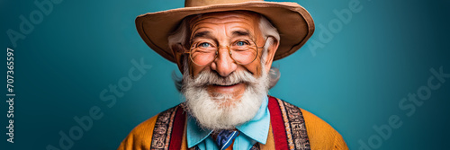 loving old farmer, colorful dressed grandpa with hat and glasses