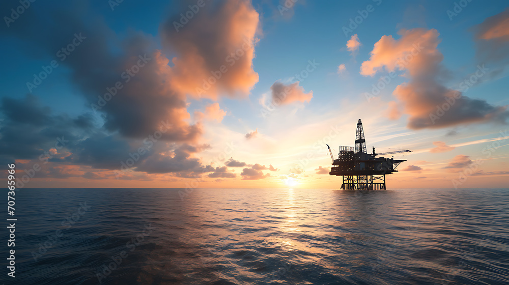 Uma vista panorâmica de uma plataforma de petróleo marítima contra um pôr do sol pitoresco mostrando a infraestrutura complexa envolvida na exploração de petróleo no mar