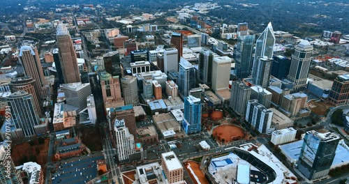 Lively view of a big American city. Drone footage above downtown in Charlotte, North Carolina. photo
