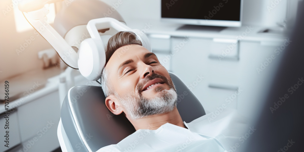 A photo of a handsome adult man client patient at a dental clinic. cleaning and repairing teeth at a dentist doctor. laying on the orthodontic dental chair A photo of a handsome adult man client patient at a dental clinic. cleaning and repairing teeth at a dentist doctor. laying on the orthodontic dental chair