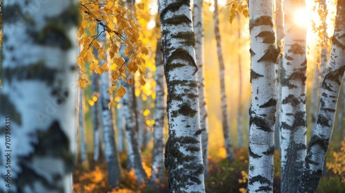  a grove of birch trees with the sun shining through the leaves on the trees in the foreground and the ground in the foreground, with yellow leaves in the foreground.