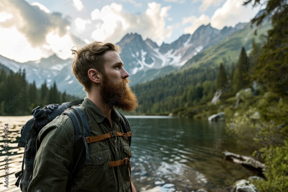 A man with a beard wearing glasses and a backpack is looking at the lake against the background of nature and mountains.side view