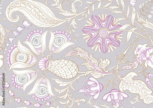 Fantasy flowers in retro, vintage, jacobean embroidery style. Seamless pattern, background. Vector illustration. photo