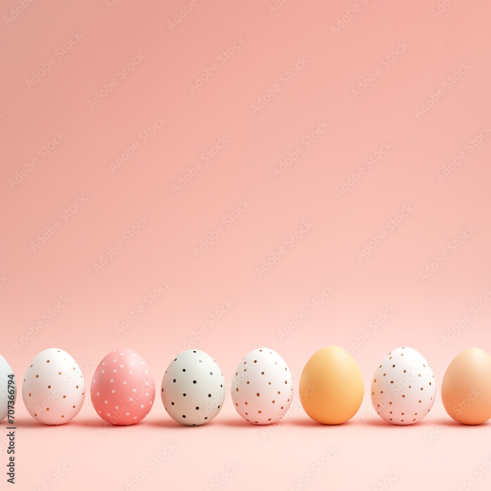 Happy Easter day minimalistic layout, painted eggs on peach color background with copy space