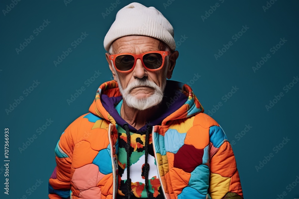 Portrait of an old man with a white beard in a bright jacket and a white hat. Portrait of an old man with a white beard in a bright jacket and a white hat.