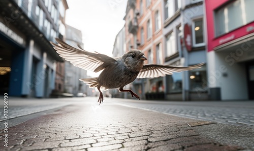 A sparrow flying low over a city street with buildings in the background