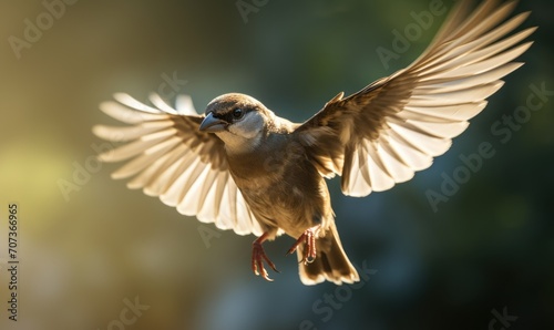Sparrow flying in the air on a sunny day in the city