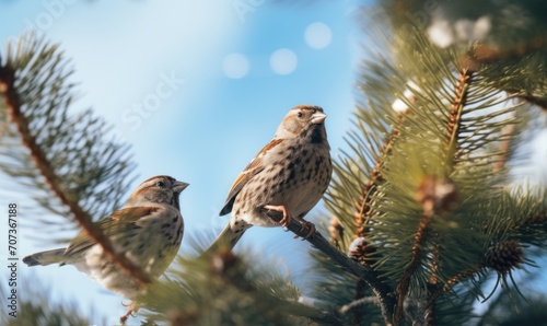 sparrows sitting on the spruce branch