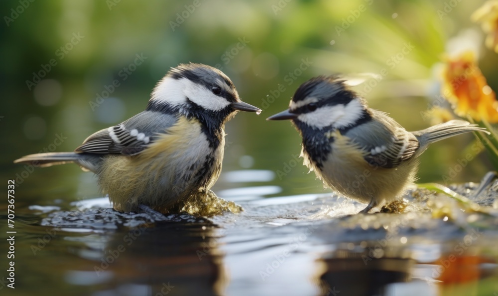 Two great tit birds, Parus major, drinking water from a fountain. Two great tit birds, Parus major, drinking water from a fountain.