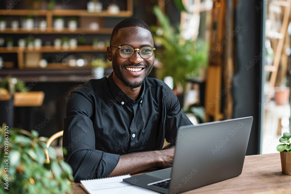 African man with glasses working on laptop at coffee shop African man with glasses working on laptop at coffee shop