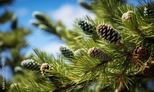 Spruce branches with cones. Blurred background.