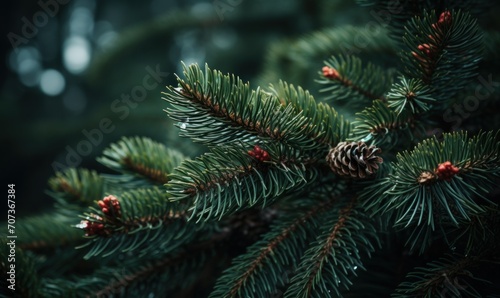 Close-up of spruce branches with red berries on blurred background