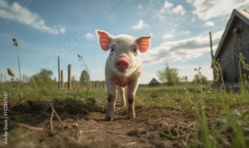 Pig in the village at sunset. Piggy on the field. © TheoTheWizard