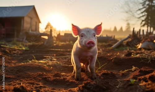 Cute little piglet on the farm in the sunset light. © TheoTheWizard