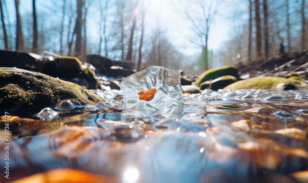 Fallen leaves in the ice on the river in the winter forest